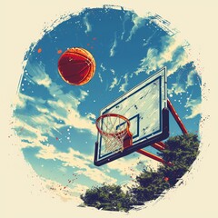 A dynamic shirt design showcasing a basketball midair on its way to scoring a basket, with the hoop in clear focus against a sky backdrop