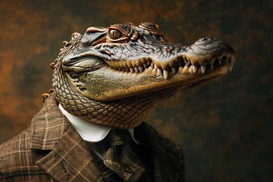 A crocodile in a bespoke suit, standing in a studio, the lighting highlighting its menacing and fearsome demeanor