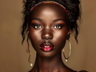 Fashion portrait of a lovely african woman with beautiful facial features, Vogue magazine style photo