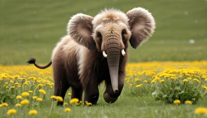 A Mammoth Calf Playing In A Field Of Dandelions T - obrazy, fototapety, plakaty