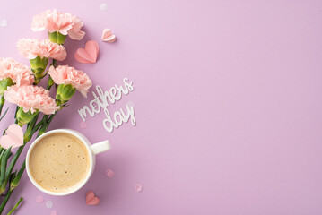 Mother's Day chic composition: Top view of hot chocolate, fresh carnations, affectionate text,...