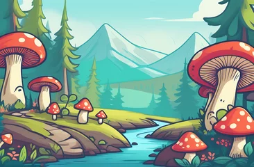 Rolgordijnen Fabulous big mushrooms in a magical forest. Fantastic mushrooms, along a mountain river, book cover illustration. An amazing landscape of nature. High quality photo © Антонина Кузнецова