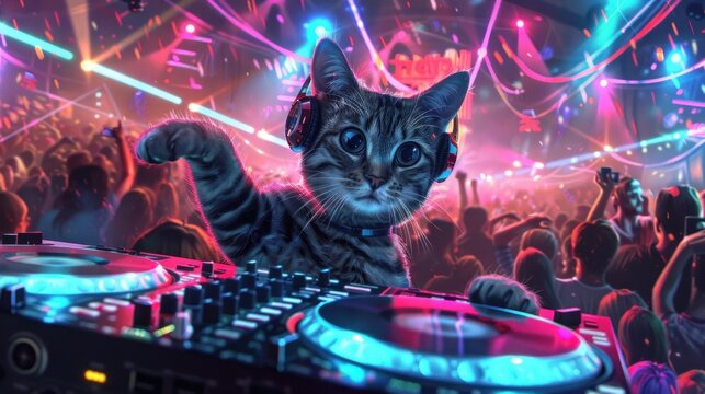 A cat wearing headphones spins a track while playing a track disc as a DJ in a pub.	