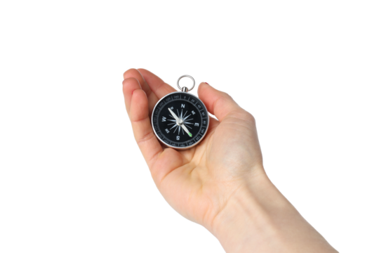 PNG, compass in hand, isolated on white background.