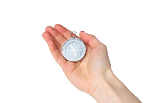 PNG, compass in hand, isolated on white background.