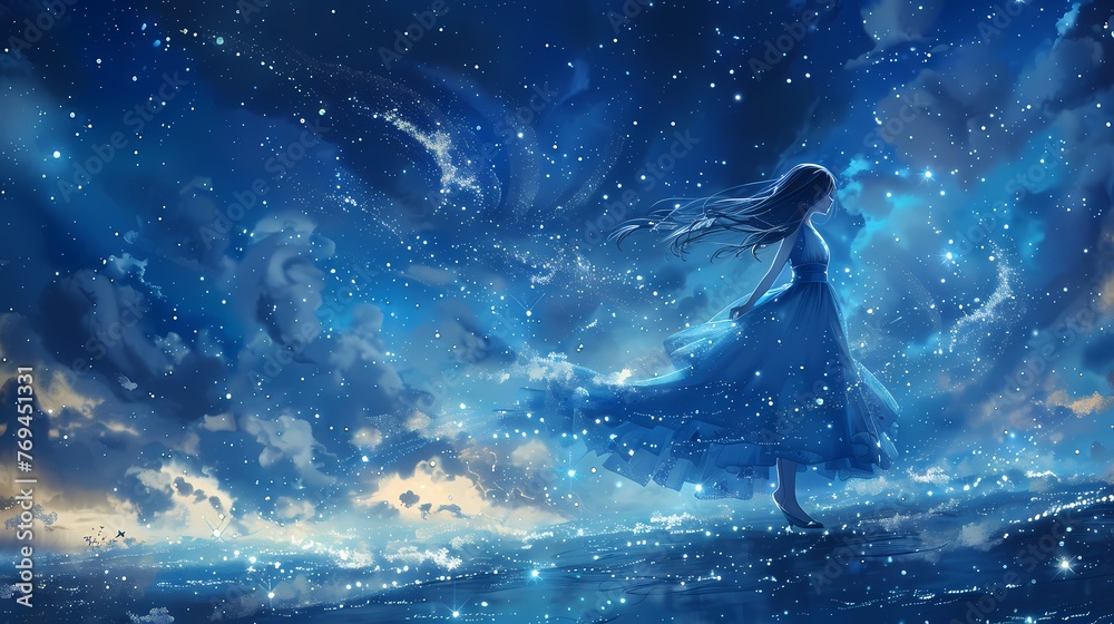 Wall mural girl in front of the starry sky abstract poster web page PPT background with generative