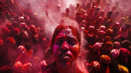 Holi celebration in India: Indian girl enjoys color powder amidst crowds of people.	