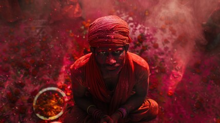 Fototapeta na wymiar A lively Holi celebration in India with Indian men surrounded by colorful powder and enjoying crowds of people 
