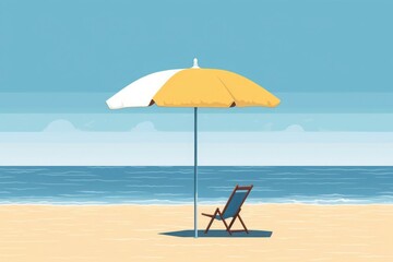 A minimalist illustration features a beach umbrella standing alone on a sandy shore, symbolizing relaxation and leisure during vacations. The serenity and tranquility of beach getaways.