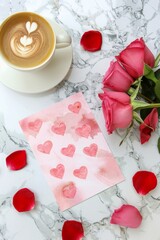 Coffee and roses flatlay with love note. An elegant flatlay with coffee, roses, and a romantic note, perfect for Valentine's Day themes