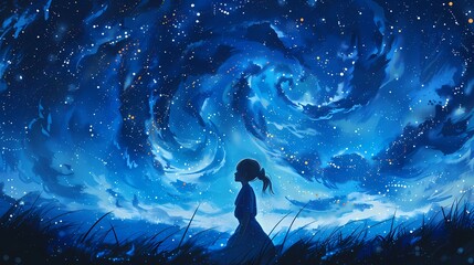 Fototapeta premium girl in front of the starry sky abstract poster web page PPT background with generative