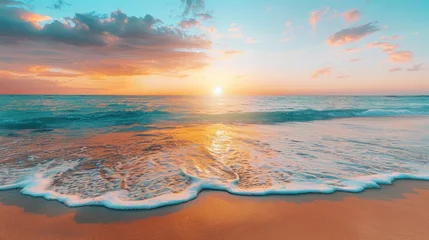 Schilderijen op glas Stunning sunset over sandy beach and ocean Abstract sea background for summer or spring An oceanscape with golden sands and a cloudscape in the distance © เลิศลักษณ์ ทิพชัย