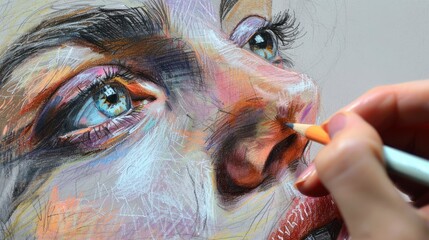 Quick contour lines free hand pastel crayons beautiful woman face sketch - obrazy, fototapety, plakaty