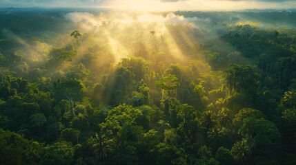 Aerial view of tropical forest at morning sunrise with beautiful green Amazon forest landscape at sunrise. An aerial drone exploration adventure - obrazy, fototapety, plakaty