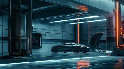 A Futuristic Car With Sleek And Aerodynamic Design Parked In A Garage.  - obrazy, fototapety, plakaty