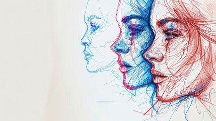 Quick contour lines free hand red and blue pen beautiful woman face sketch - obrazy, fototapety, plakaty