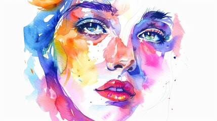 Quick contour lines free hand watercolors beautiful woman face sketch - obrazy, fototapety, plakaty