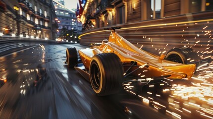 Fototapeta na wymiar A racing cars on the race track The fastest golden racing car with sparks coming from beneath it competes in Monaco.