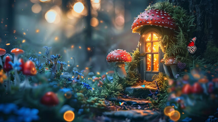 Fantasy enchanted fairy tale forest with magical opening secret door and mushrooms