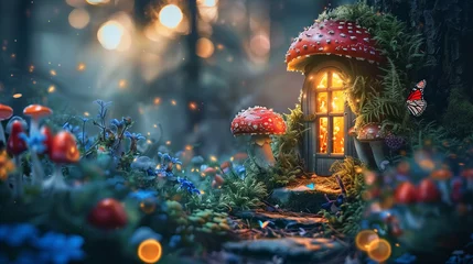 Fototapeten Fantasy enchanted fairy tale forest with magical opening secret door and mushrooms © Ummeya