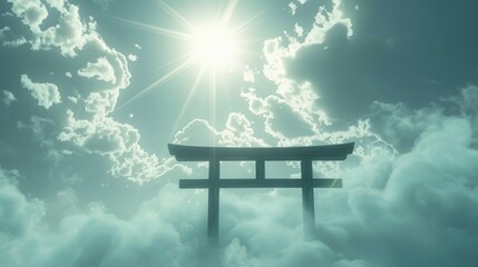 Shintori gate floating in the air, clear silhouette on the background of light clouds, sun rays...