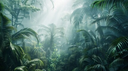 A misty tropical jungle at dawn, with soft light filtering through the dense canopy of trees and plants, background, wallpaper - obrazy, fototapety, plakaty