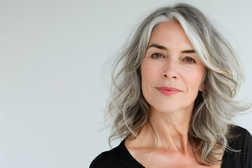 Naklejka premium Closeup portrait of Beautiful mature woman, 50+ years, looking at the camera, white background