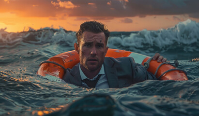 a cinematic shot of an attractive man in suit and tie, holding on to life raft floating down the ocean at sunset - obrazy, fototapety, plakaty