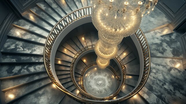 A Grand Spiral Staircase With A Chandelier Hanging From The Center. 