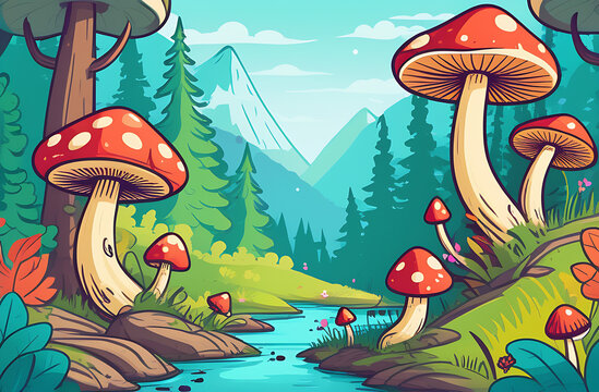 Fabulous big mushrooms in a magical forest. Fantastic mushrooms, along a mountain river, book cover illustration. An amazing landscape of nature. High quality photo