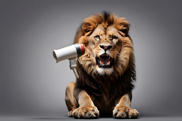 Obraz premium Lion roaring on a megaphone. Advertisement concept with vast copy space for text design.