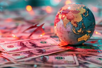 Illuminated by ambient light, a globe centers on China amidst scattered US dollars and Chinese yuan, with downward arrows hinting at currency devaluation