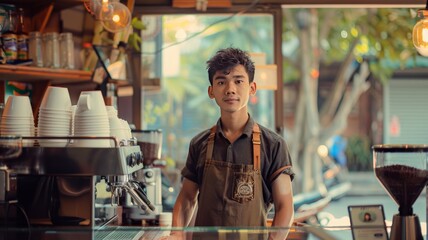 A handsome young Thai man works in a coffee shop by the window in the morning.