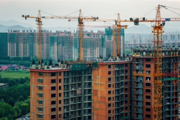Fototapeta na wymiar abandoned housing project in China with construction cranes in the background, showcasing the real estate crisis