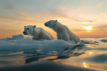 Two polar bears on a diminishing ice floe, under a warm sunset, highlighting climate change impacts - obrazy, fototapety, plakaty