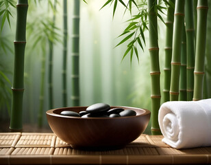 Spa still life background. Bamboo and stones, spa concept
