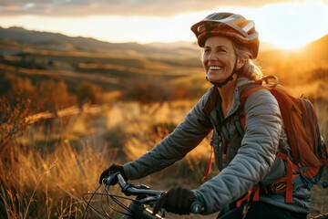 Golden hour illuminates a vibrant woman's mountain biking adventure against a breathtaking highland panorama - obrazy, fototapety, plakaty