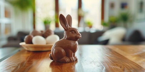 A chocolate Easter bunny is placed atop a wooden table