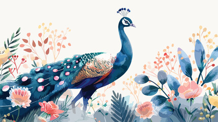 Peacock in Oriental Garden watercolor flat vector 