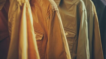 Close-up of mens shirts hanging neatly in a row on a clothing rack
