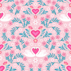 pink Love and white swan seamless pattern. cute heart floral print. swan lake botanical garden. good for fashion design, fabric, wallpaper, wrapping paper, pajama, summer spring dress, bedding textile