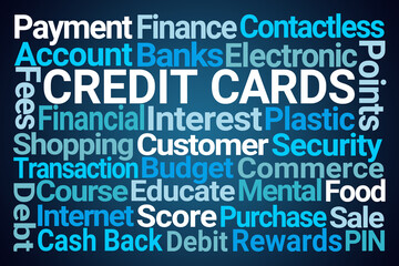 Credit Cards Word Cloud On Blue Background