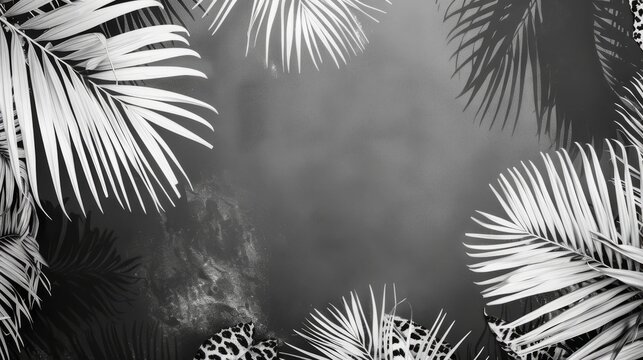 Black and white palm leaves contrast with a grayscale leopard texture in the background, copy space