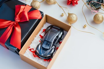open gift box with a remotecontrol car inside, on a white backdrop - 769454111