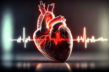 The human heart and pulse in neon light. black background.  - obrazy, fototapety, plakaty