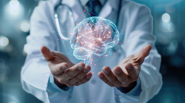 A doctor holding out their hands to the camera, with an holographic brain floating above them in front of him.