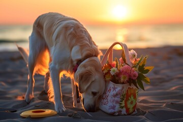 a dog sniffing a beach bag with flowers and a frisbee at sunset - obrazy, fototapety, plakaty