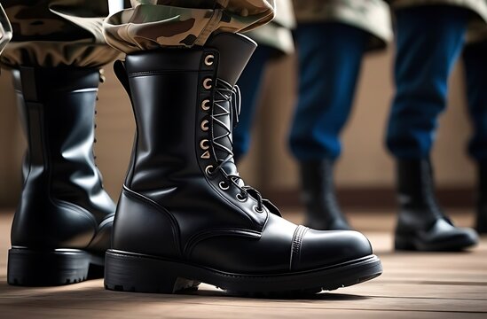 Close-up of army boots as a soldier stands at attention. Memorial Day, Veterans day