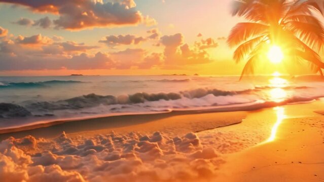 video Beautiful tropical beach sea and ocean with coconut palm tree at sunrise time