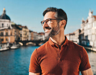 single portrait handsome middle aged man bearded and glasses caucasian in europe town looking away...